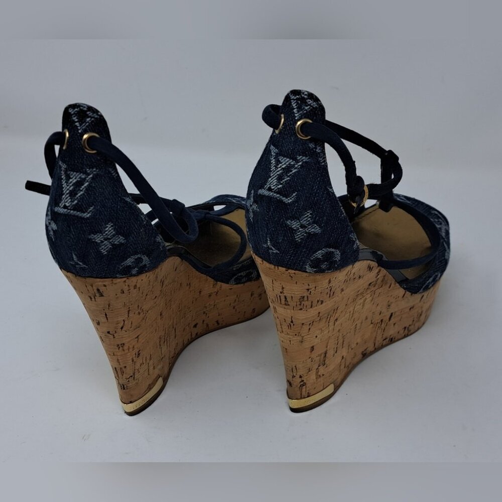 Louis Vuitton Monogram Denim Wedge Platform Ankle Wrap Pumps Shoes 7.5 / 37.5 EU - Picture 16 of 16